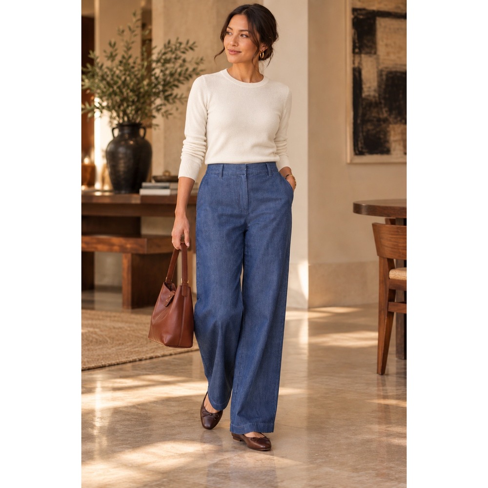 Eileen Fisher Organic Cotton Denim Full Length Wide Leg Trouser Blue MP